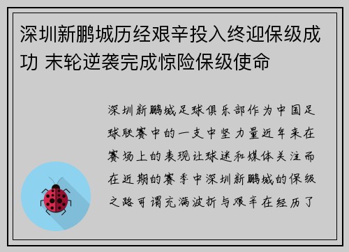 深圳新鹏城历经艰辛投入终迎保级成功 末轮逆袭完成惊险保级使命 深圳新鹏城历经艰辛投入终迎保级成功 末轮逆袭完成惊险保级使命