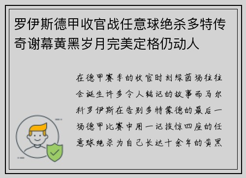罗伊斯德甲收官战任意球绝杀多特传奇谢幕黄黑岁月完美定格仍动人 罗伊斯德甲收官战任意球绝杀多特传奇谢幕黄黑岁月完美定格仍动人